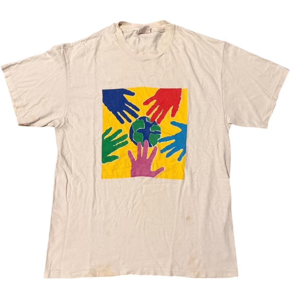 Vintage 90s Hanes Hands Around the Earth T-Shirt Single Stitch Promo Shirt Large